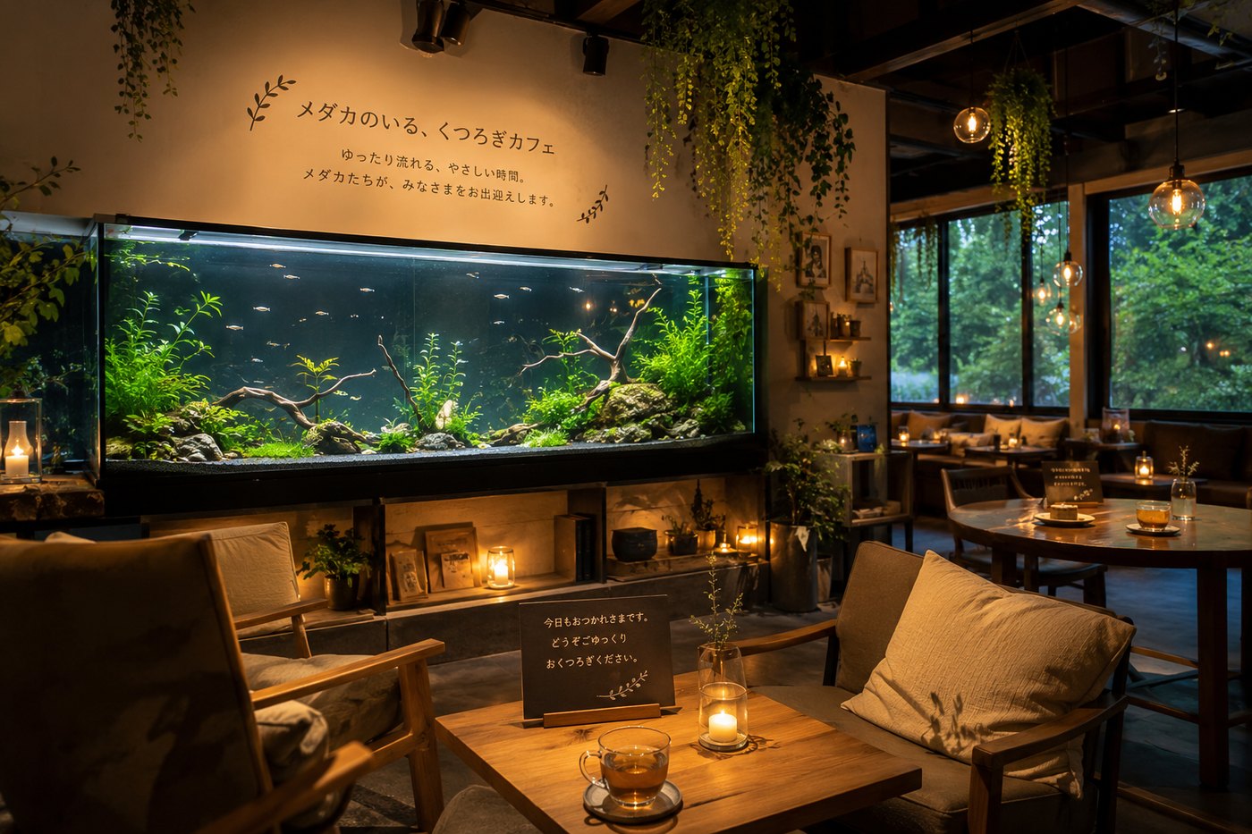 めだかの水槽がある、くつろぎのカフェ店内